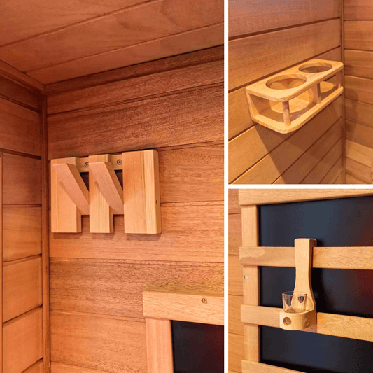 SalusHEAT Saunas Direct Deluxe 3-Piece Sauna Set (Towel Rack + Cup Holder + Oil Shelf) Hemlock